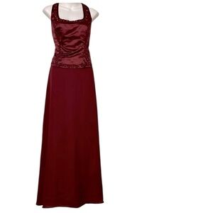 Rebecca Burgundy Merlot Dark Red Beaded Satin Sheer Formal Prom Gown Sz L